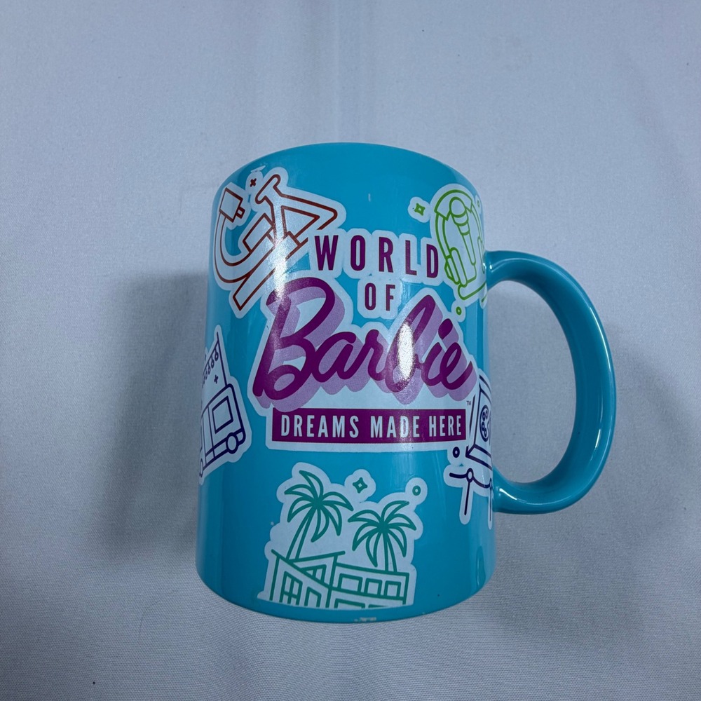 World of Barbie Dreams Made Here Teal Blue Ceramic Coffee Mug Graphic Icons Cup - Picture 2 of 5